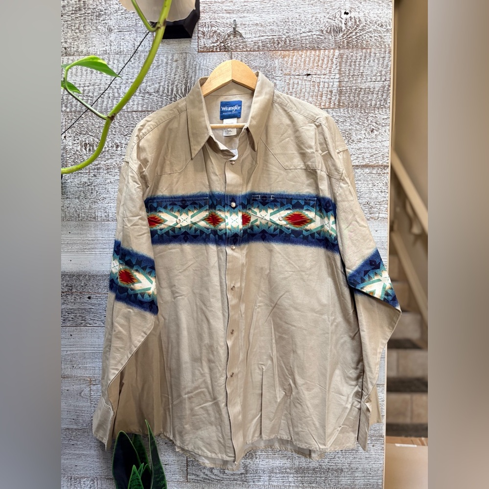 Wrangler | Southwestern Aztec Pearl Snap Cowboy Cotton Shirt - Men's XXL, Beige